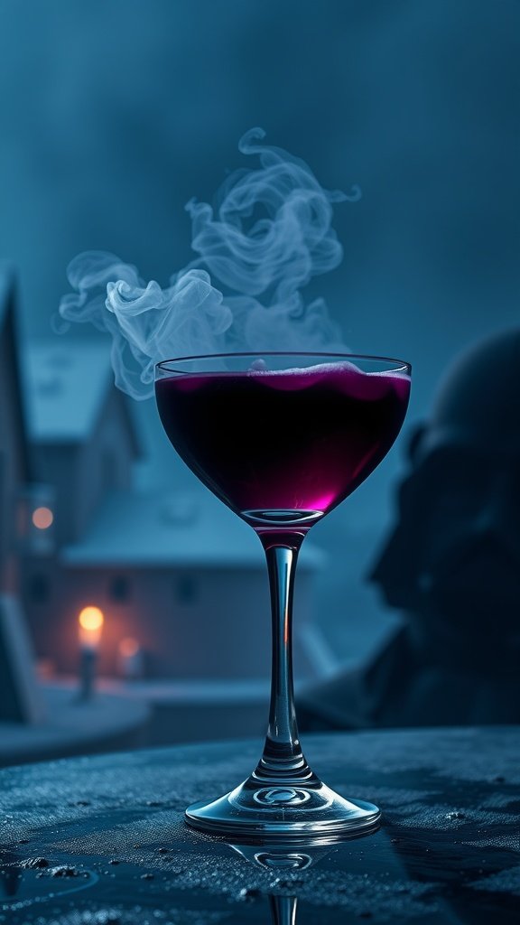 A colorful cocktail resembling the Exegol Express from Star Wars, featuring a deep purple hue.
