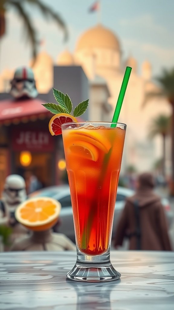A colorful cocktail in a tall glass garnished with mint and orange slices.