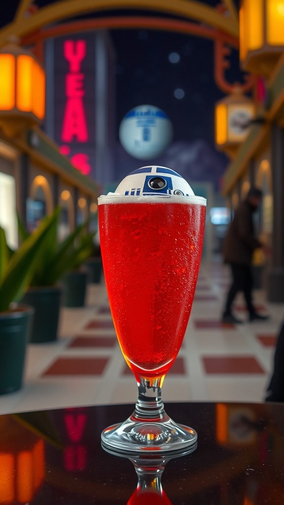 A bright red cocktail in a glass with a decorative garnish