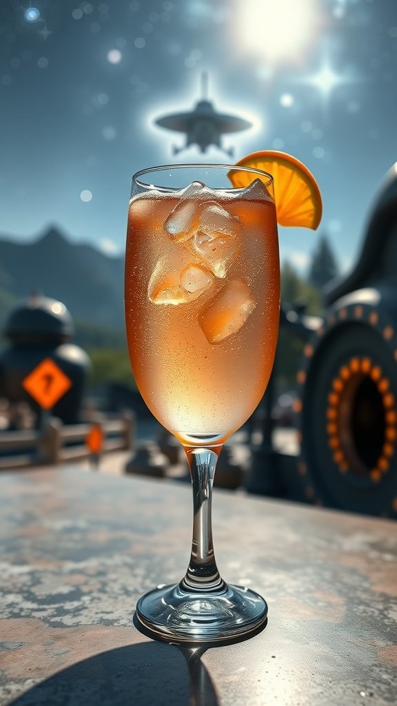 A colorful cocktail, sparkling and refreshing, garnished with an orange slice.