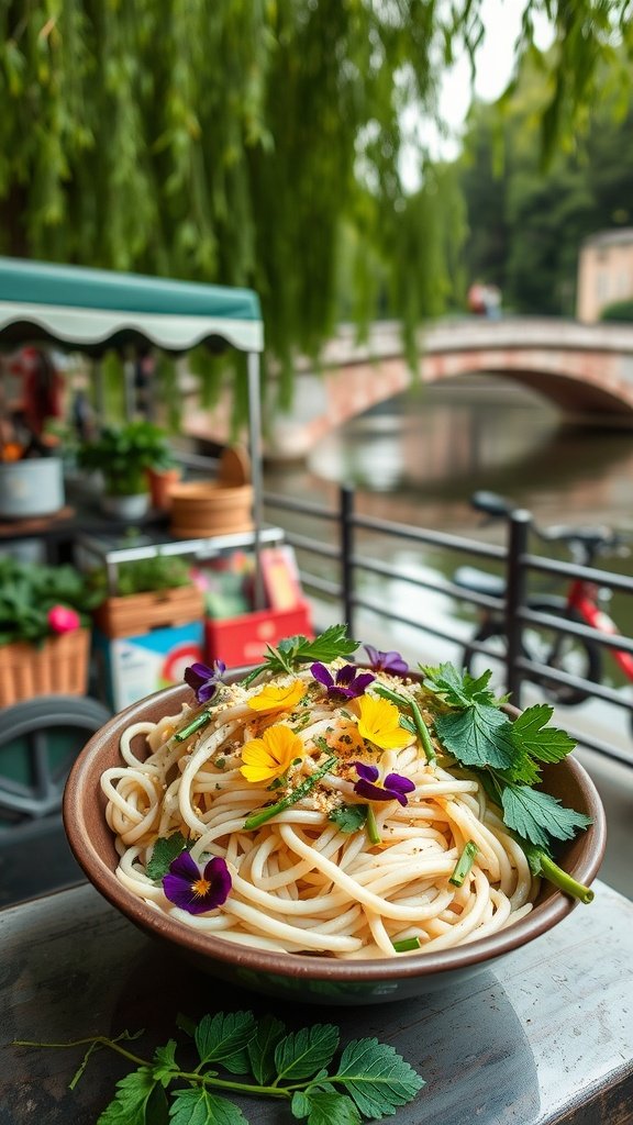 A colorful bowl of Naboo Lotus Noodle Salad topped with edible flowers and fresh herbs.