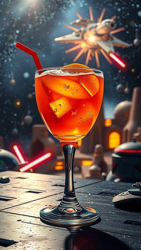 A refreshing cocktail with a bright color and garnished with an orange slice, perfect for themed parties.