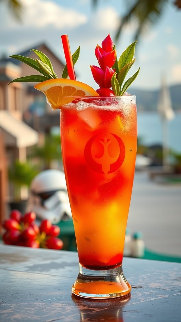Colorful Rebel Rum Punch cocktail in a glass with garnishes