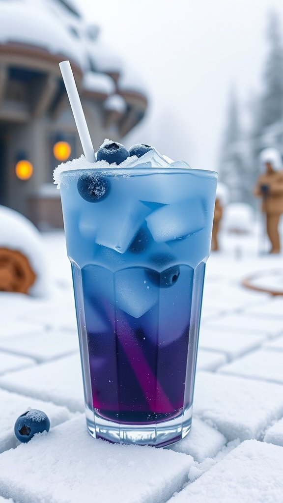 A colorful cocktail inspired by Hoth featuring blueberries and a refreshing blue hue.
