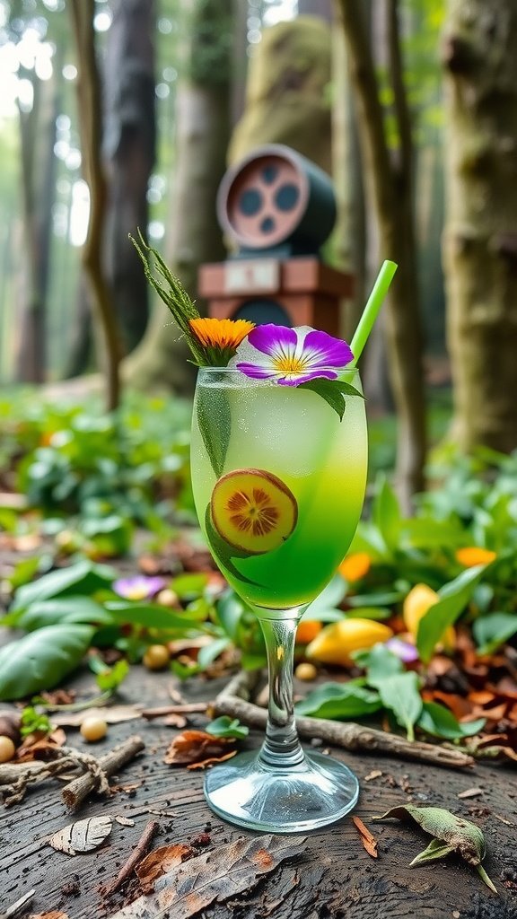 A vibrant cocktail with edible flowers and a lime wheel, set against a lush forest background.