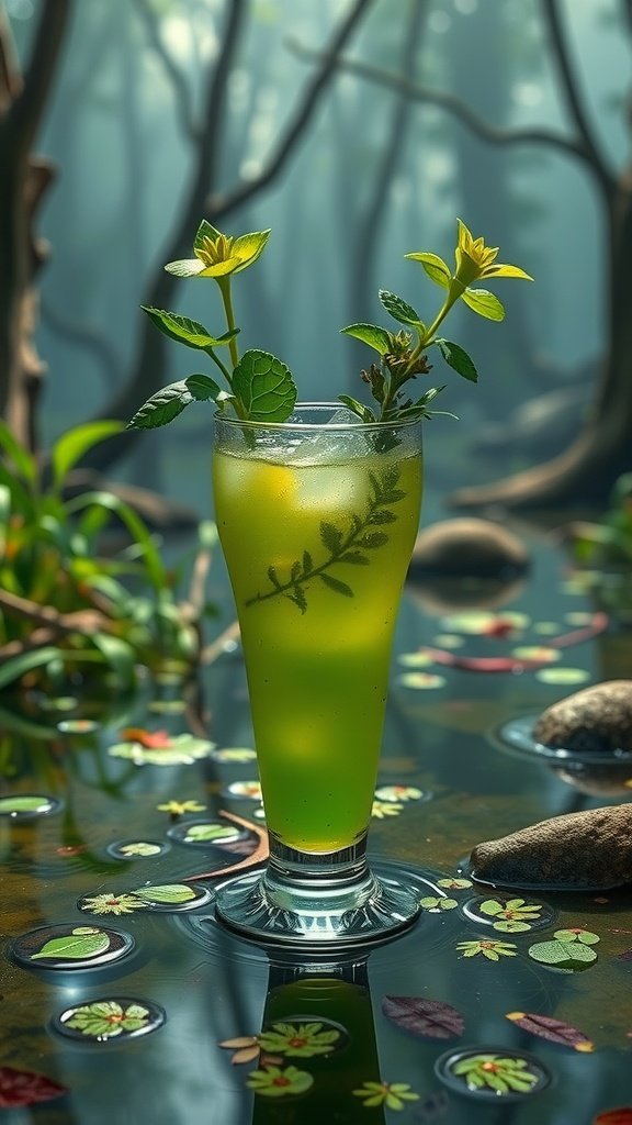 A refreshing green cocktail with mint leaves and lime, inspired by the Dagobah swamp from Star Wars.