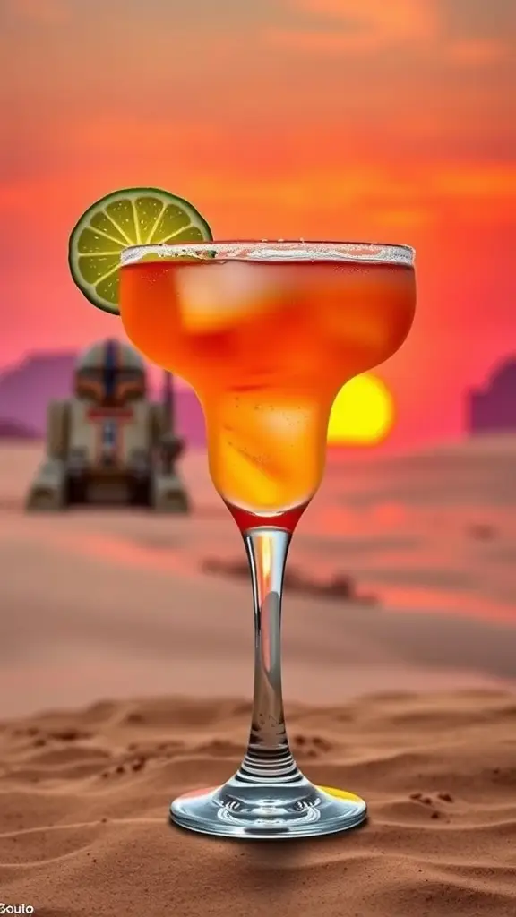 A vibrant Tatooine Sunset Margarita with a lime garnish against a desert backdrop.