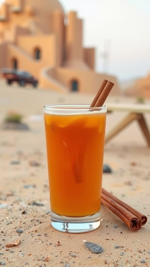 A refreshing cocktail made with orange and pineapple juice, garnished with cinnamon sticks.