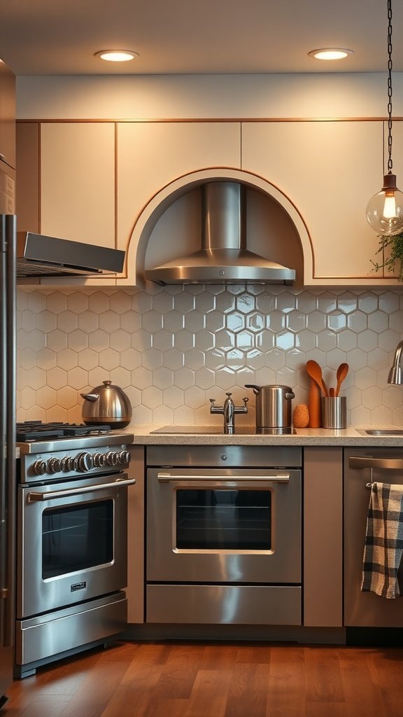 A modern kitchen with stainless steel appliances, hexagon tile backsplash, and artistic design elements.