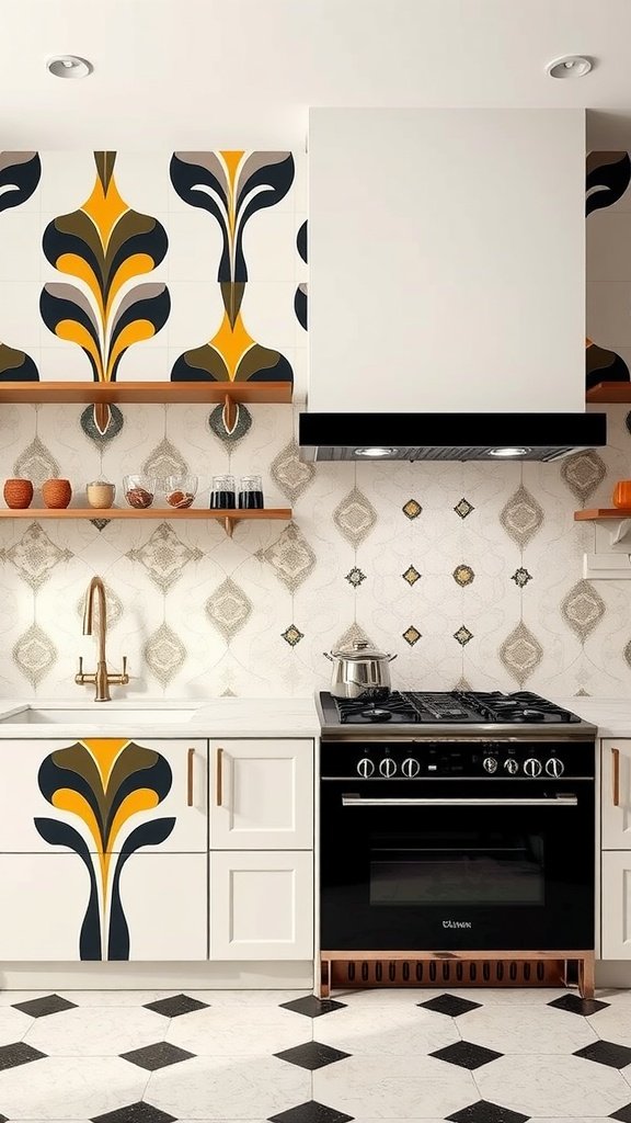 Art-deco kitchen featuring bold geometric patterns in wallpaper and floor tiles.