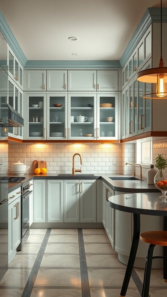 A stylish art-deco kitchen featuring blue cabinets and gold hardware.