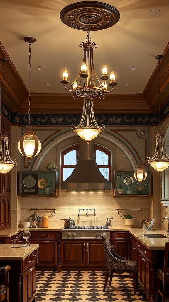 An elegant kitchen featuring a chandelier and pendant lights, showcasing a warm and inviting atmosphere.