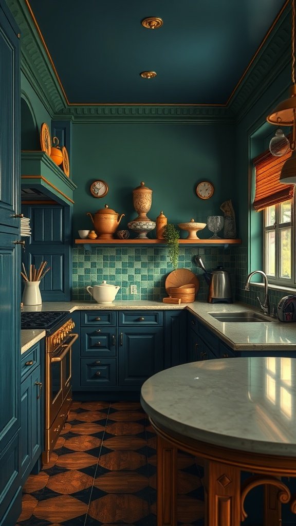 An art-deco kitchen featuring deep turquoise cabinets, gold accents, and a warm wooden floor, showcasing a rich color palette.