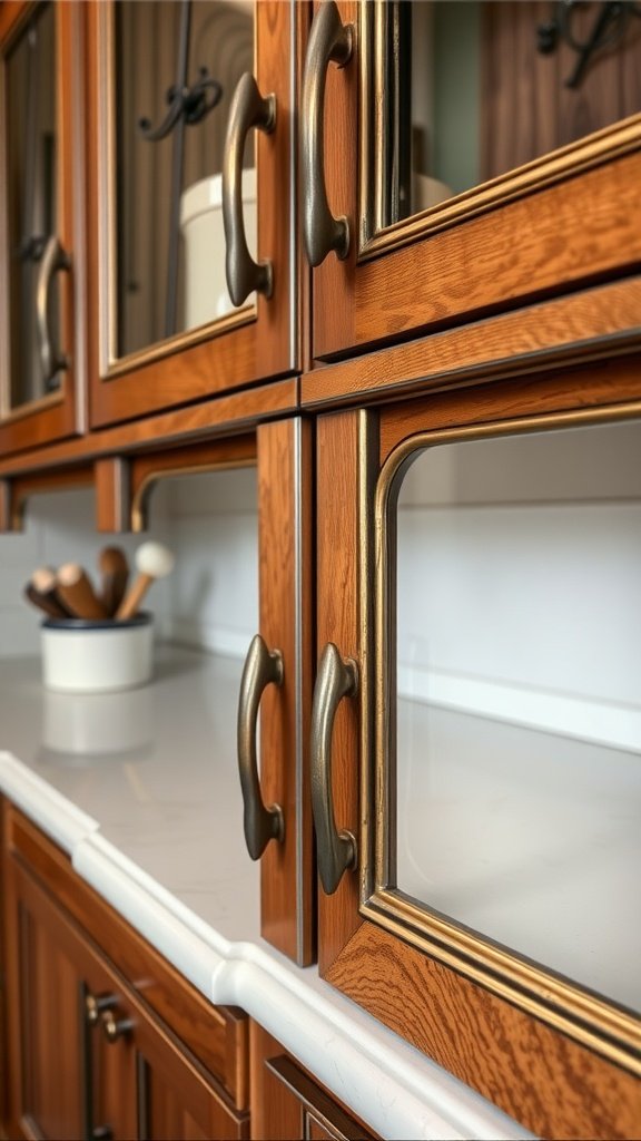 Close-up of vintage-inspired hardware on wooden cabinets in an art-deco kitchen.