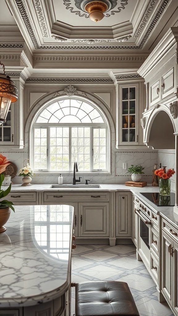 Luxurious marble countertops in an art-deco kitchen with elegant design features.