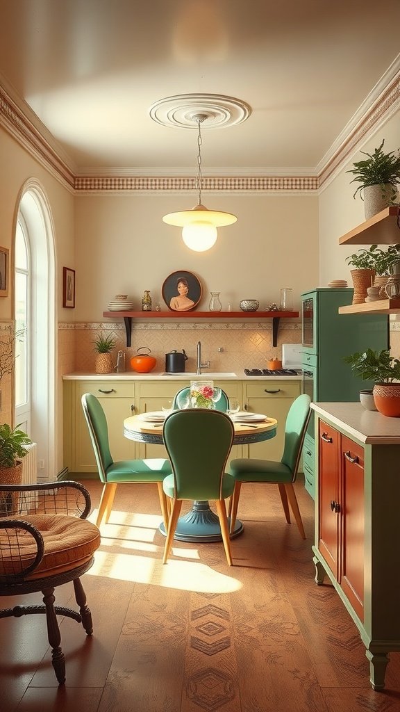A retro-inspired kitchen featuring a round dining table, green chairs, and warm color tones.
