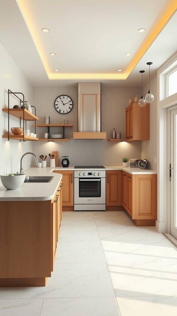 A modern kitchen with wooden cabinets, marble countertops, and contemporary lighting.