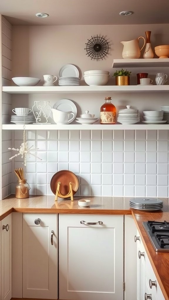 A stylish art-deco kitchen featuring open shelving with neatly arranged dishware and decorative items.