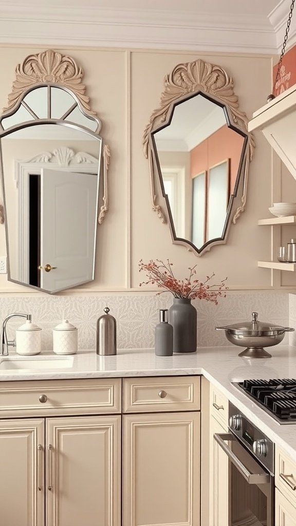 Art-deco style kitchen featuring decorative wall mirrors with ornate frames
