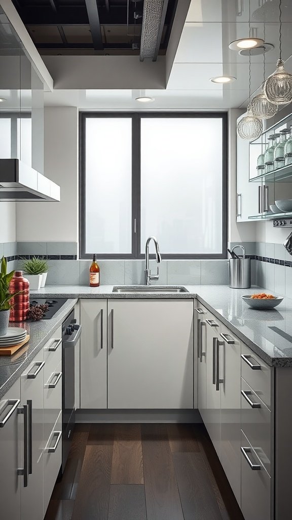 A modern kitchen featuring glass and chrome accents, showcasing art-deco elements.