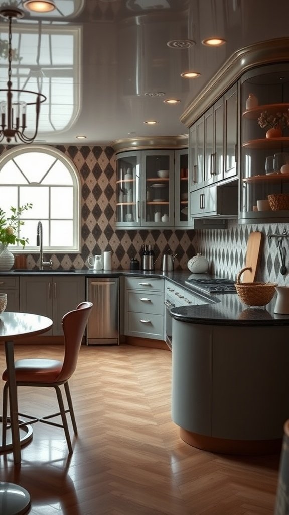 An art-deco kitchen featuring curvaceous furniture, elegant cabinets, and a stylish dining area.