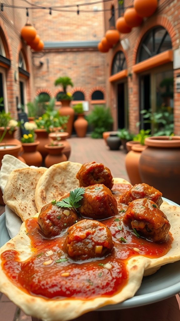 A plate of Dantooine Spiced Meatballs served with flatbread and marinara sauce.