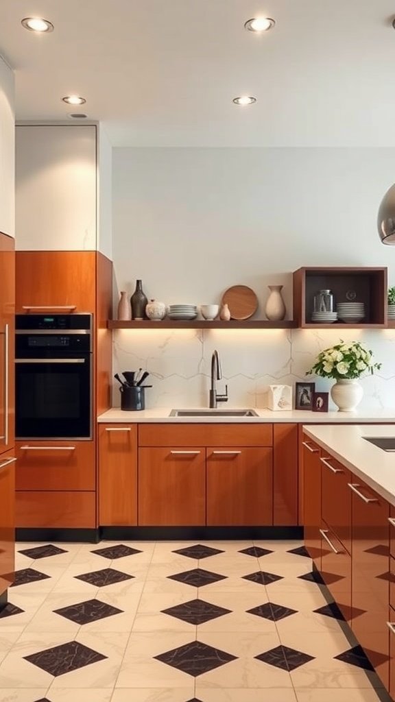 A stylish art-deco kitchen with blue cabinetry, warm lights, and a patterned backsplash.