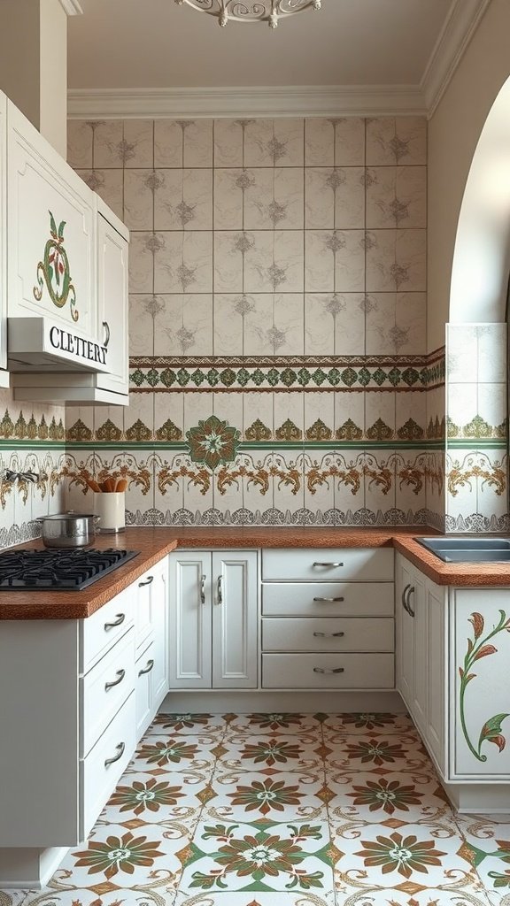 Art-deco kitchen featuring intricate tile work on walls and floor, with white cabinets and earthy tones.