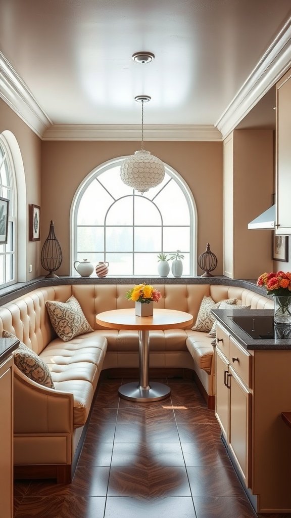 Stylish breakfast nook with tufted seating, round table, and decorative elements.