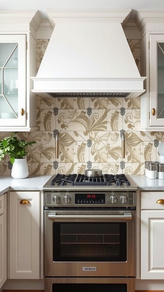 Art-deco kitchen with a unique floral-patterned backsplash and a stainless steel stove.