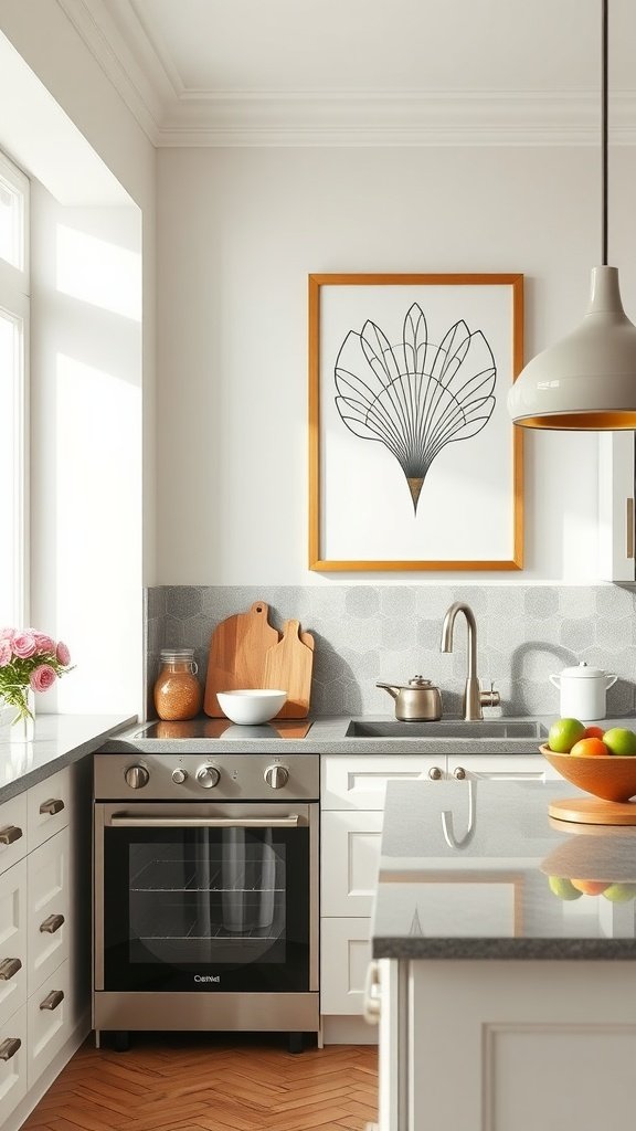 Art deco wall art in a modern kitchen with geometric patterns and a gold frame.