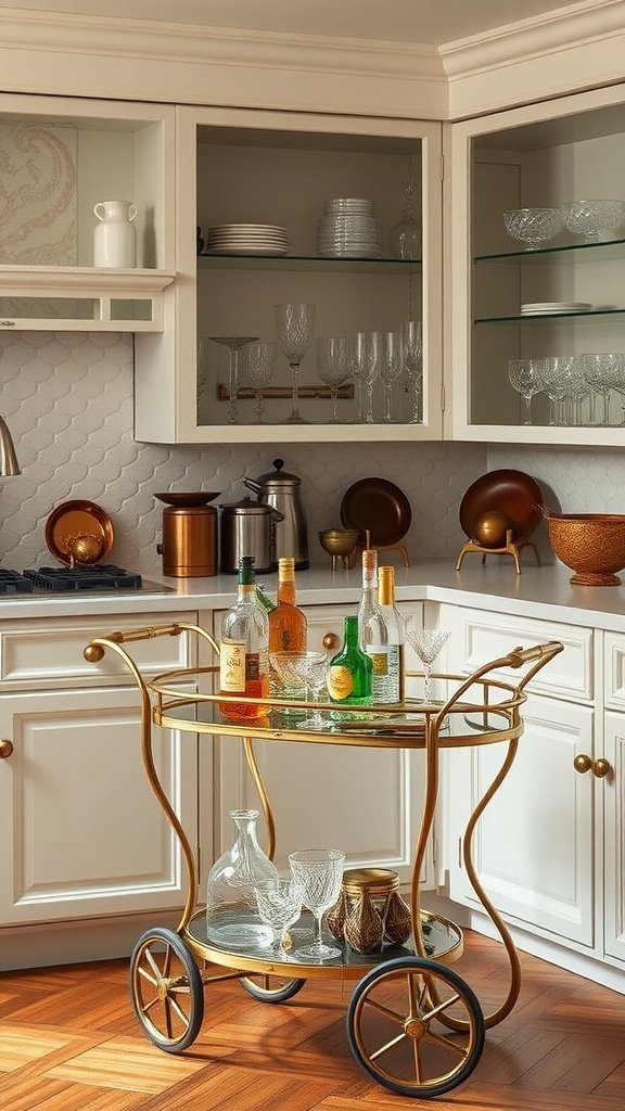 An elegant bar cart with glassware and colorful bottles in a stylish art-deco kitchen.