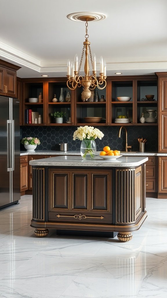 Art-deco style kitchen with a wooden island and chandelier, showcasing rich details and elegance.