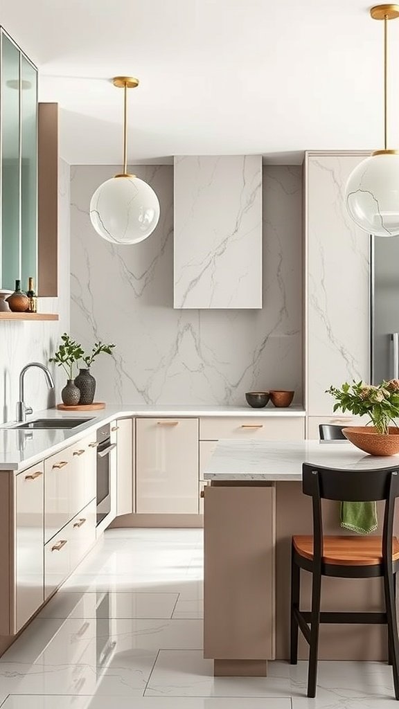 A modern kitchen featuring dark cabinetry, stainless steel appliances, and a minimalist design, inspired by art-deco style.