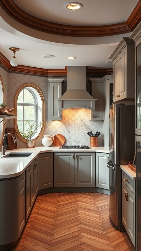 Art-deco kitchen featuring curved architecture with rounded cabinetry, round window, and herringbone patterned floor.