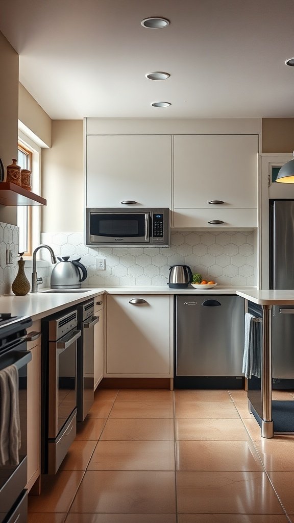 Modern kitchen with vintage appliances, featuring a sleek design and art-deco touches.