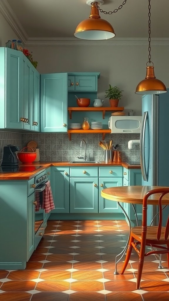 A cozy kitchen featuring aqua cabinets and warm wooden accents, inspired by art-deco style.
