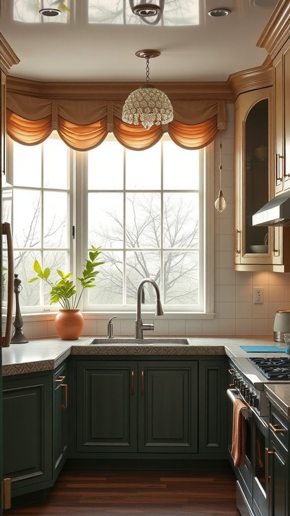 Stylish window treatments in an art-deco kitchen featuring soft fabric drapes and a chic light fixture