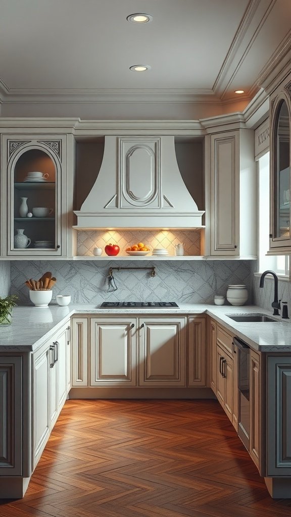 A beautifully designed art-deco kitchen featuring sculptural cabinetry and a striking range hood.