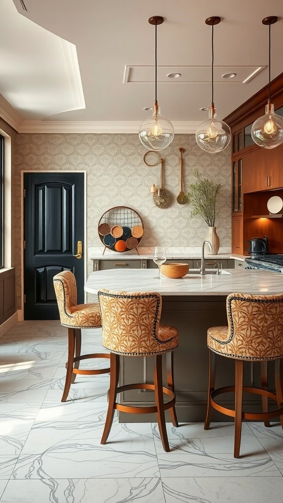A modern art-deco kitchen featuring patterned bar stools and a marble countertop.