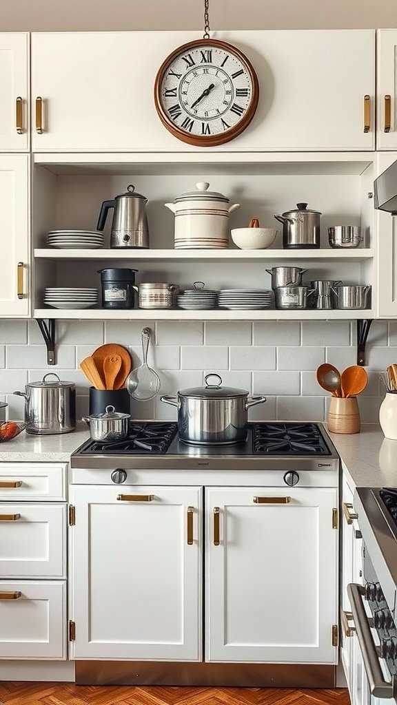Art-deco inspired kitchen with vintage cookware on display