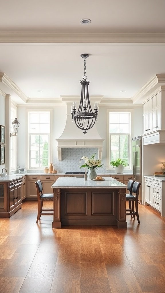 Art-deco style kitchen with an open layout, featuring a central island, elegant chandelier, and natural lighting.