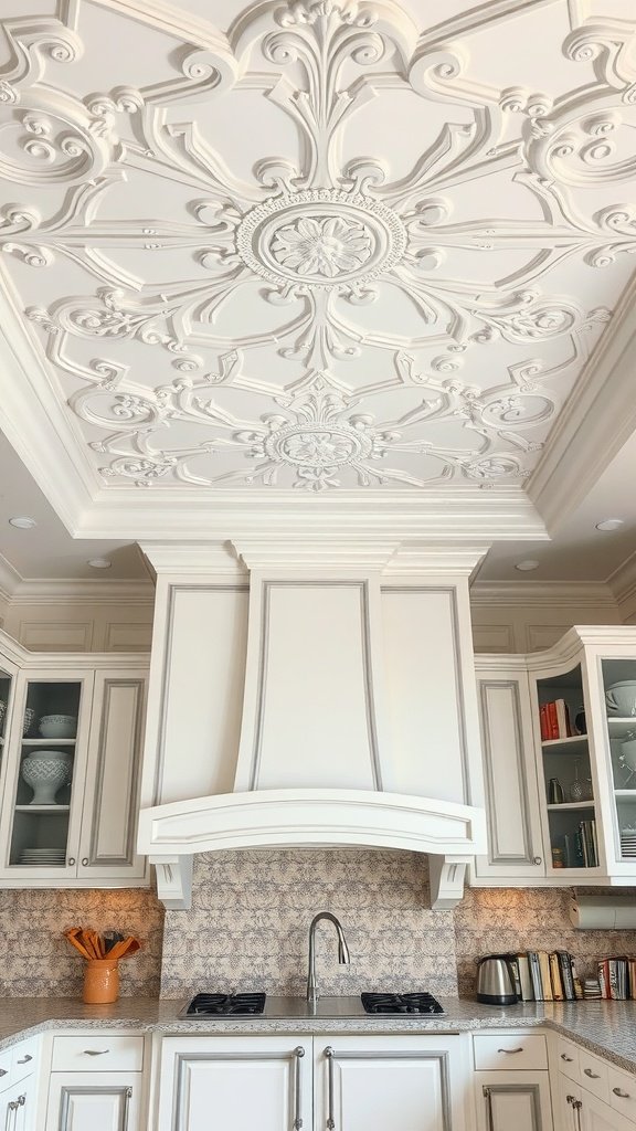 Intricately designed ceiling in an art-deco kitchen, featuring floral motifs and decorative plasterwork.