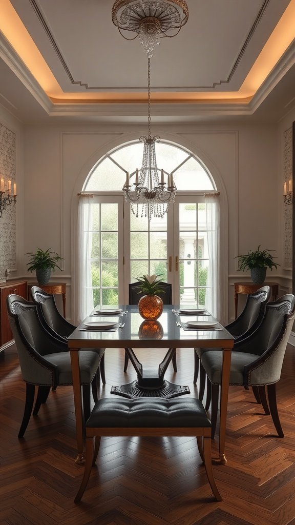 Elegant dining area featuring an art-deco style table and chairs with a chandelier above.