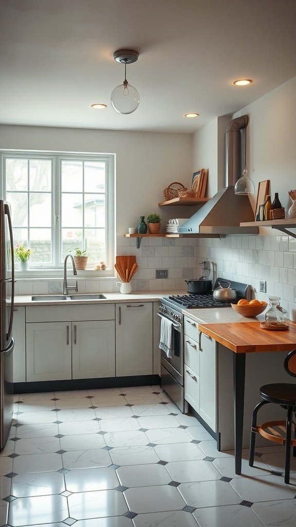 A modern kitchen featuring sleek cabinets, a wooden countertop, and geometric floor tiles, inspired by art-deco design.