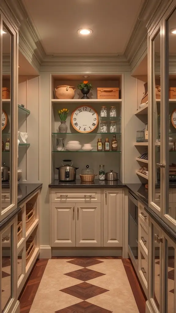 Luxurious art-deco pantry with mirrored cabinets, elegant clock, and organized shelves