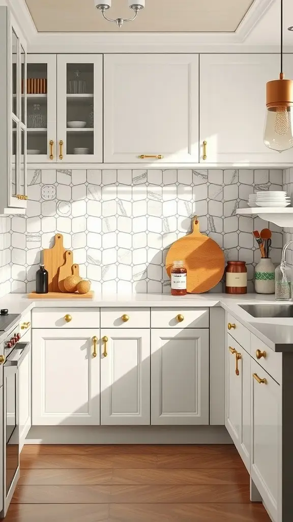 Art-deco kitchen with smart storage solutions featuring white cabinets and golden hardware.