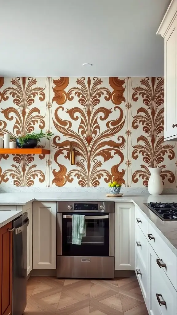 Kitchen with an accent wall featuring intricate art-deco patterns in warm brown tones.