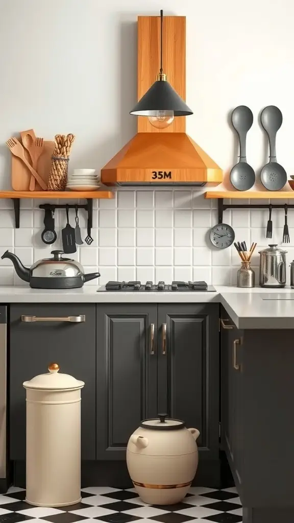 A stylish kitchen featuring modern accessories with art-deco influences from the 1920s.
