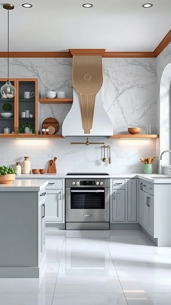 A contemporary kitchen featuring art-deco elements with marble countertops, gold accents, and modern appliances.